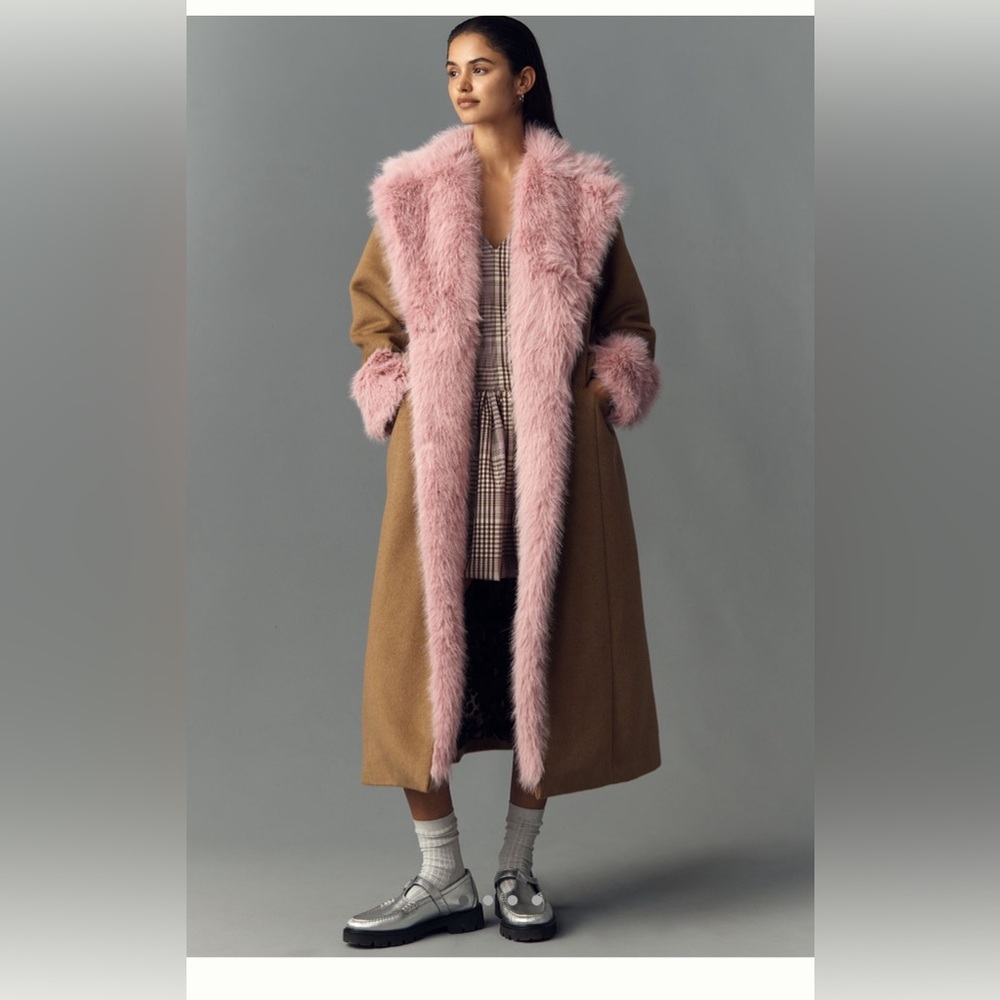 Anthropologie Maeve Faux Fur-Lined Wool Blend Maxi Coat
